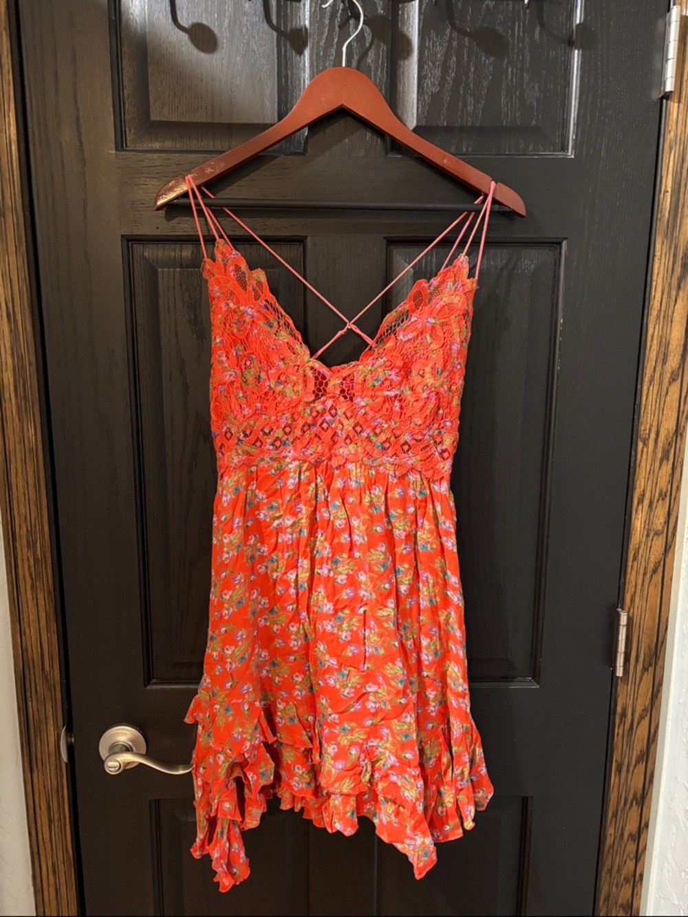 Free People Red Floral Mini Dress with Lace Bodice